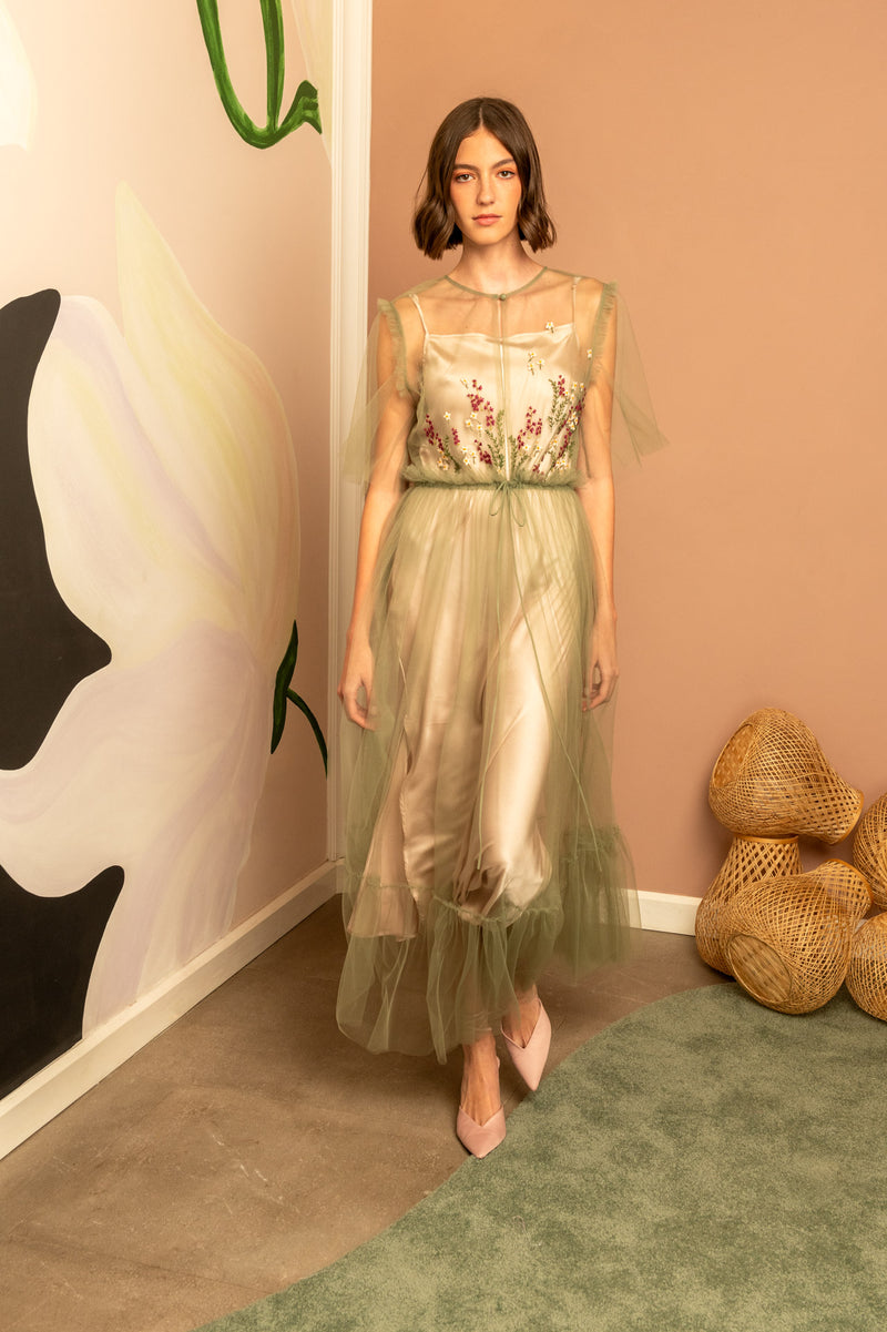Blissful Dress In Sage Tulle with embroidery
