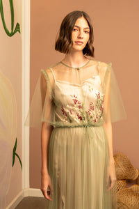 Blissful Dress In Sage Tulle with embroidery